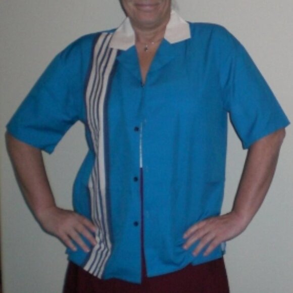 Women's Blue and Cream Shirt, L, Women's Hawaiian Retro Bowling 1950s Style Shir - Picture 5 of 7